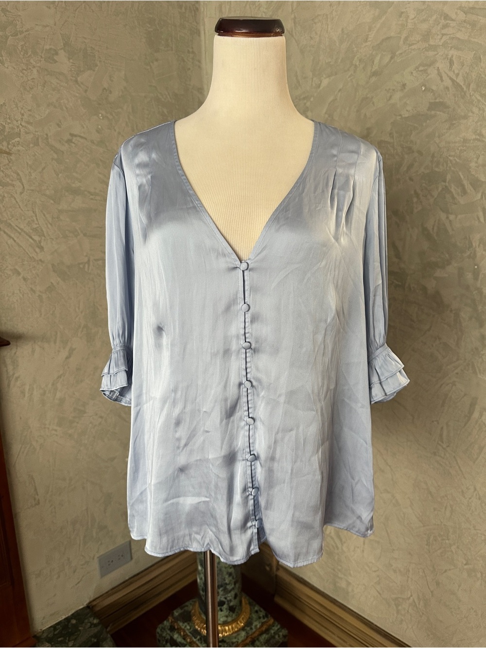 Paige Carrine Silky V-Neck Top Button Close Light Blue